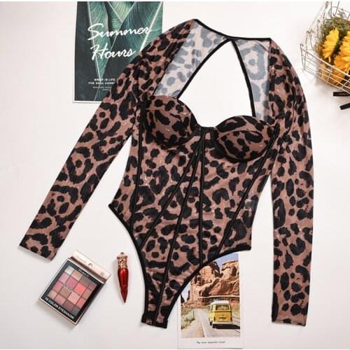 Padded Bodysuits Women Square Neck Mesh Leopard Scoop Back Brown Sexy Slim Wrap Clubwear Halter Romppers Fitness