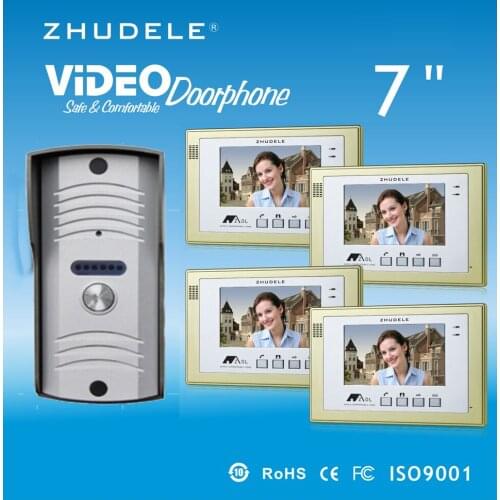 ZHUDELE Intercom System Doorbell 7" Color TFT LCD Monitor Video Door phone W/t 1 Waterproof Doorbell 700TVL Smart Camera 1V4