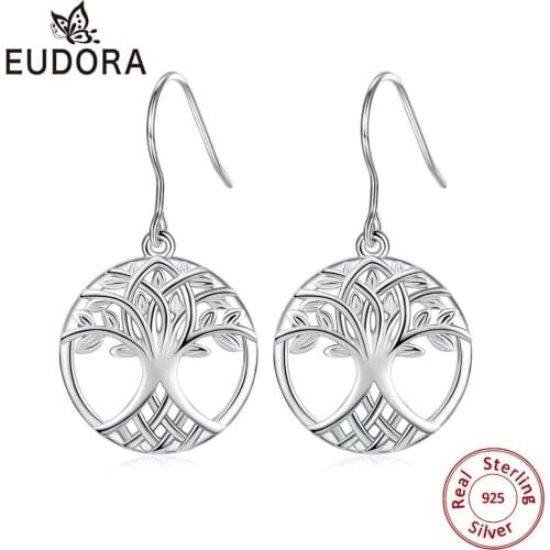 Eudora 100% Real sterling silver Tree of life Drop earring with free gift box fashion jewelry for Women Man Birthday gift CYE095