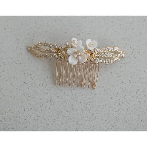 Hand made ceramic flower hair comb zircon crystal headwear gold leaf bridal wedding hair accessories