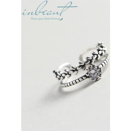 Inbeaut 925 Silver Retro Double-layer Willow Leaves Zircon Ring Female Original Design Handmade Tree Leaf Ring for Women Jewelry