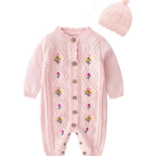 Infant Baby Girls Flower Embroidery Jumpsuit+Hat Toddler Baby Girl Knitting Bodysuits Spring Autumn Baby Girls Clothes