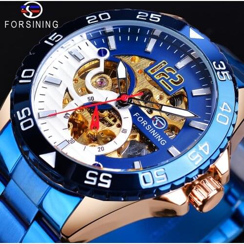 Forsining Top Brand Luxury Skeleton Mechanical Mens Watch Blue Stainless Steel Creative Dial Waterproof Luminous Hands Man Clock