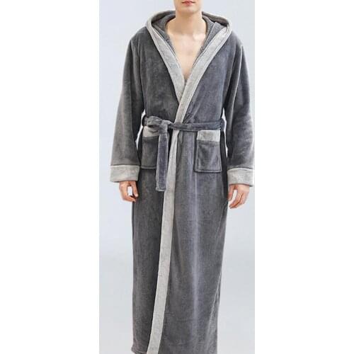 Robes Men Autumn Winter Flannel Long Sleeve Maxi Bathrobe Pockets Hooded Sleepwear