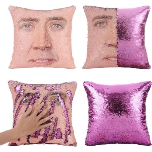 Magical Nicolas Cage Cushion Cover with Sequins Super Shining Reversible Color Changing Pillow Cover 40x40cm Home Car Decoraion