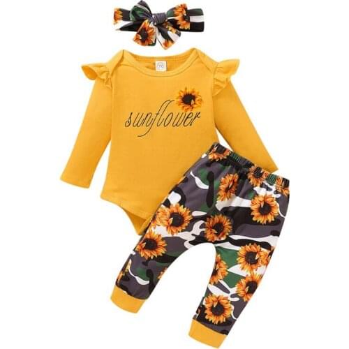 2020 New Toddler Baby Girl Clothes Infant Baby Girl Sets Letter Romper+Flower Pants+Headband Newborn Baby Girl Outfits7