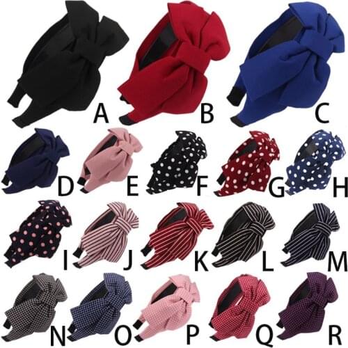 40GB Womens Vintage Wide Big Ruched Bowknot Hairband Polka Dot Striped Plaid Printed Hair Hoop Anti-Skid Teeth Elastic Knotted