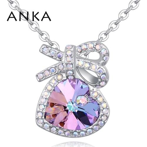 ANKA Bowknot with Heart Crystal Pendant Necklace Rhodium Plated Valentines Day Gift Main Stone Crystals from Austria #129437