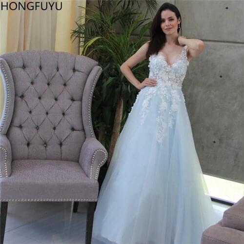 HONGFUYU V Neck Sexy Sky Blue Prom Formal Dresses 2020 New 3D Flower Pearls Evening Dresses Long A Line Graduation Party Gowns