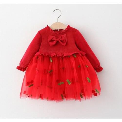Baby Girl Dresses Princess Dress for Girls Autumn Winter Big Bow Red White Mesh Party Ruffle Strawberry Cherry Baby Dress