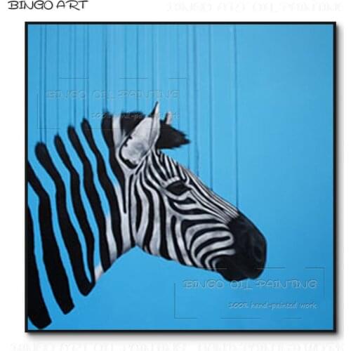 Handmade High Quality Modern Animal Zebra Oil Painting on Canvas Blue Background Zebra Oil Painting for Living Room Decoration