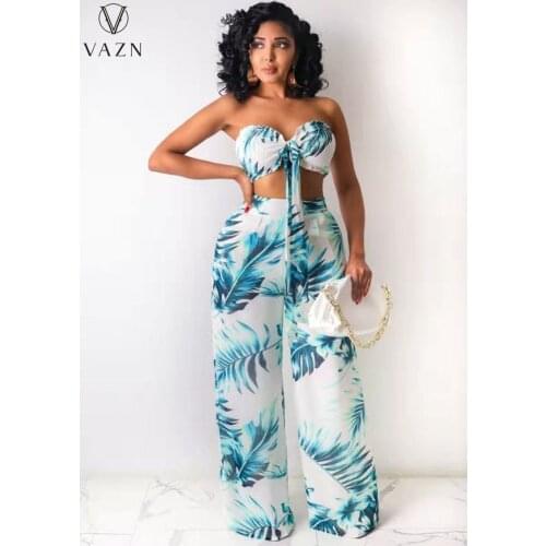 VAZN 2020 Casual Young Sexy High Street BohoStrapless Sleeveless Long Loose pants Women 2 Piece Set
