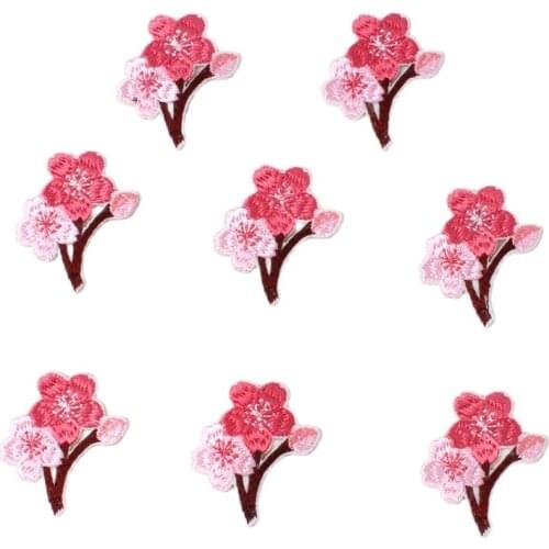 10pcs Embroidery Cherry Flower Patches Iron On Peach blossom Patch DIY Clothing Badge Sewing Fabric Appliques For Jeas Bags Hats