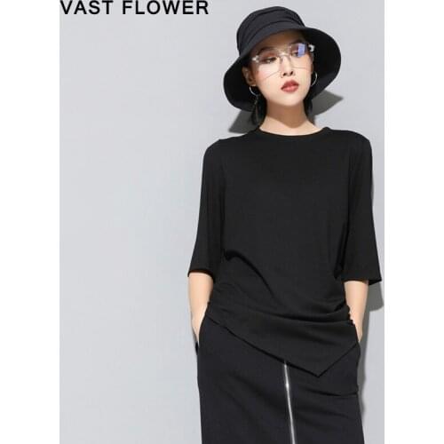 Irregular Pleated T-Shirt Women Black Round Neck Half Sleeve Loose Casual Tee Shirt Tops Fashion Clothes Spring Summer 2021