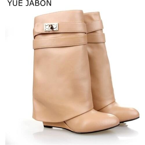 YUE JABON Shark Lock Boots for Women Fashion Genuine Leather Short Botas Mujer Height Increasing Wedge Boots Ladies Big Size 42