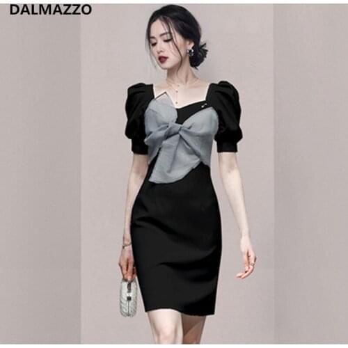 Fashion Elegant Women Square Collar Puff Short Sleeve Mini Dress 2021 Summer Designer Lady Bow Mesh Runway Slim Vestidos Female