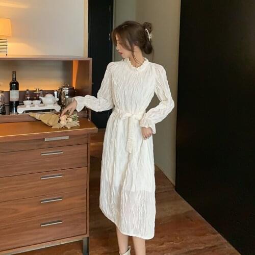 2021 Spring New Long Sleeve Thicken Women Dress Vintage Fashion Solid Color Natural Waist Slim Folds Midi Dresses Female
