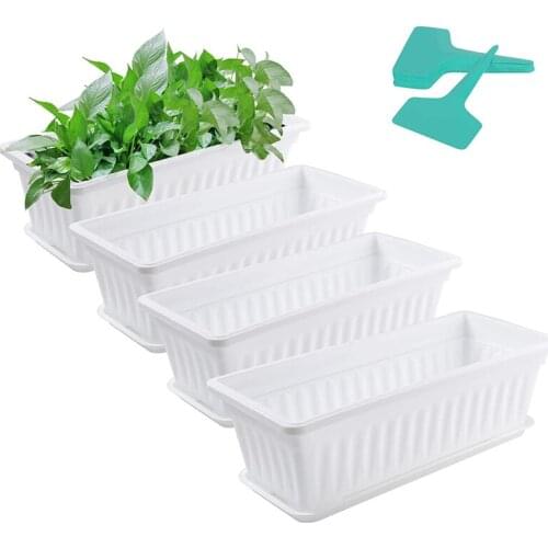 4 Pack Planting Pots with Trays with 20 Plant Labels, Plastic Rectangular Window Frame, Vegetable Planting Container Set