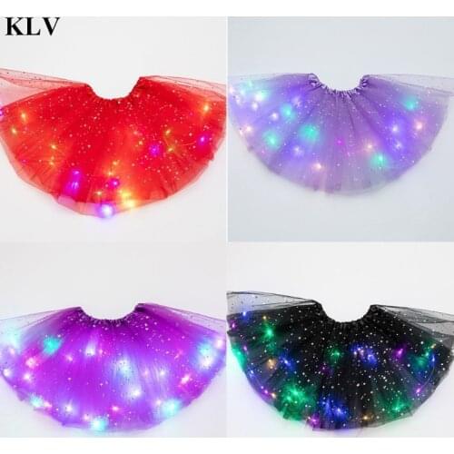 Kids Girls Glitter Star Sequins Ballet Dance Tutu Skirt LED Light Up Neon Colorful Layered Tulle Short Dress Party Custom 3-12T