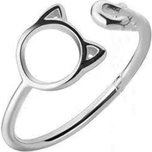 Cat Design Adjustable Ring Silver Color Thin Band Animal Pattern Simple Jewelry Birthday Party For Woman Fingerstall Wholesale