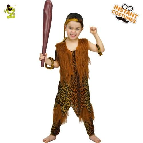 Boys Ancient Cavemen Leopard Printed Costume Kids Wild Man Role Play Fancy Suit Carnival Party Dress Up For Children