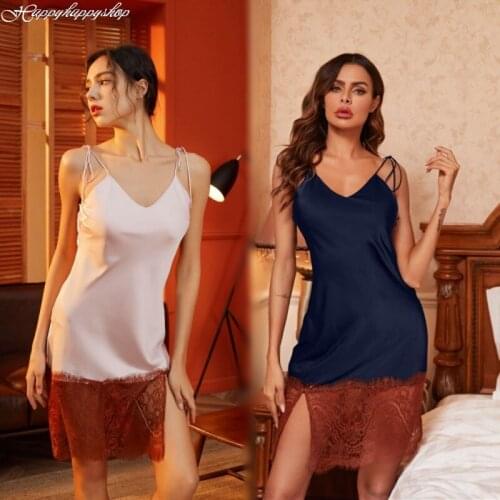 Summer Women Nightgowns Sexy Sleeveless Nightwear Lace Patchwork Lingerie Nighty Bathrobe Sleep Dress Pure Color Gown S-XL