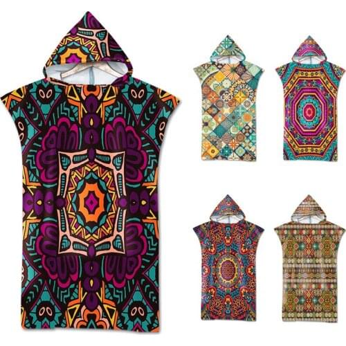 Mandala Printed Microfiber Changing Robe Poncho With Hooded Beach Towel For Swimming Surf Bath Towels Portable Bathrobe