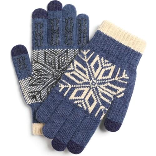Men Winter Touch Screen Snowflake Knitted Warm Gloves Soft Plush Lining Elastic Cuff Anti-Slip Silicone Cycling Mittens