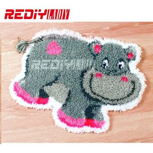 3D Latch Hook Rug Kits DIY Needlework Unfinished Crocheting Rug Yarn Cushion Mat Happy Hippo Embroidery Carpet Rug Needlework