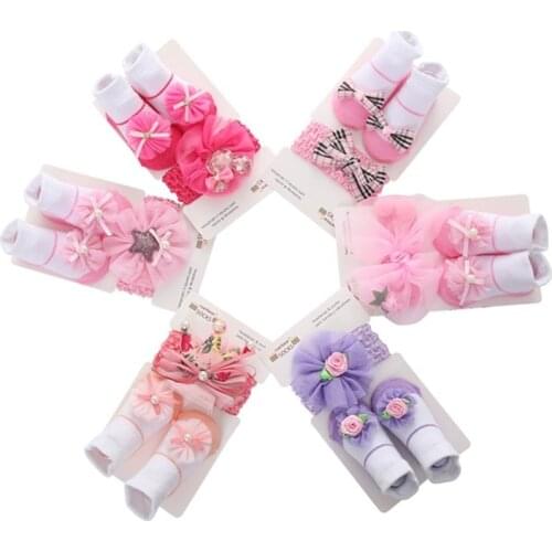 3Pcs/Lot Lace Flower Newborn Baby Socks + headband Cotton Anti-Slip Kids Floor Socks Bow toddler Girl Socks Spring Girls Gift