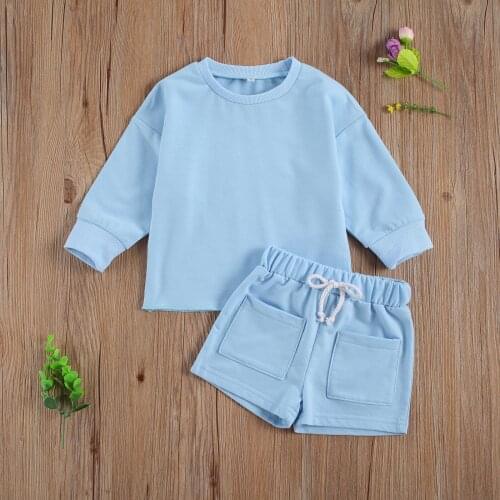 1-6Y Autumn Baby Boys Girls Clothes Sets Solid Causal Long Sleeve Pullover Sweatshirt Tops Pocket Shorts 2 Colors