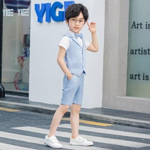 Formal Childrens Dress Vest Set 2021 Summer Kids Plaid Vest Shorts 2pcs Clothing Set Boys Wedding Party Performance Costume