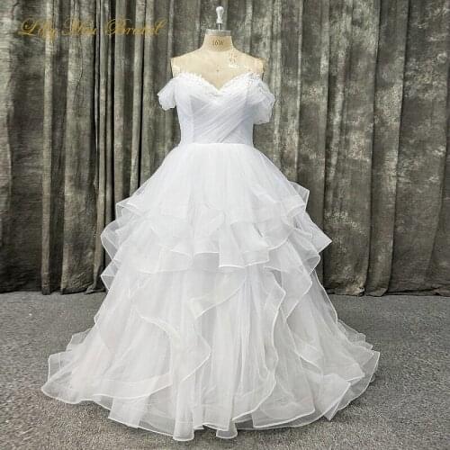 Real Image White Ruffles Wedding Dress Sweetheart Lace Appliques Criss Cross Ruched Tulle Lace-up Back Bridal Gown