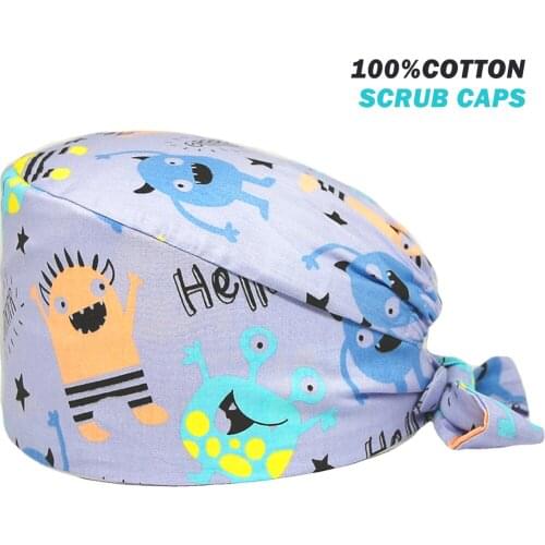 Adjustable Cotton Nurse Hat Unisex Bandage Cap Fashion Print Sanitary Cap With Sweatband Surgical Caps Dental Clinic Work Hats
