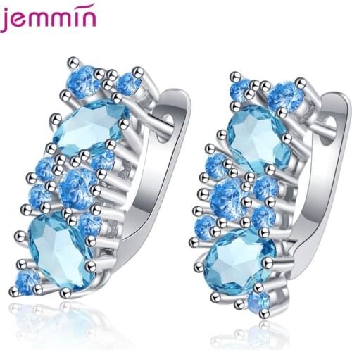 Shinning Blue Cubic Zirconia CZ Hoop Earrings for Women Real 925 Sterling Silver Korean Fashion Wedding Jewelry Anniversary Gift