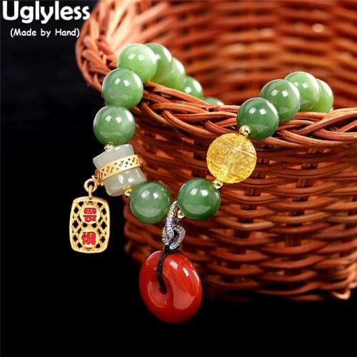 Uglyless Natural Green Jade Jasper Bracelets for Women Adjustable Elastic Rope Bracelet Agate Amber Charms Jewelry Ethnic Bijoux