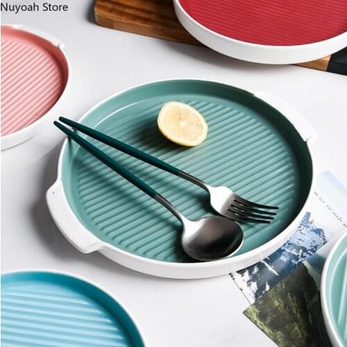 European-style Creative Ceramic Baking Pan 8 Inch Round Household Pizza Plate Steak Plate Oven Baked Rice Plate Salad Plate