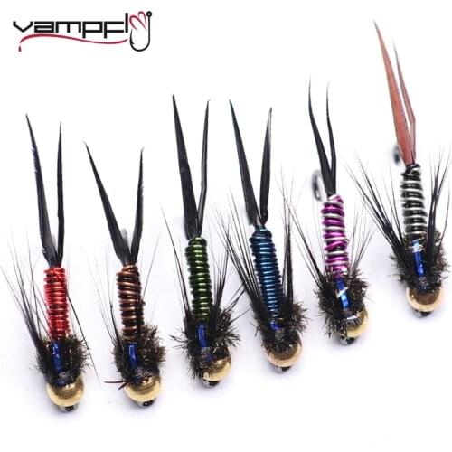 Vampfly 12pcs #12 6 Colors Brass Bead Head Fast Sinking Nymph Fly Copper John Mayfly Stonefly Attractor Trout Fishing Fly Lures