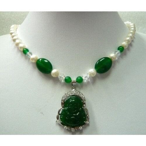 Green jade/pearl necklace Buddha/Guanyin lucky pendant