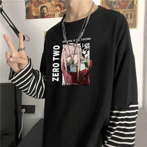 DARLING In The FRANXX Harajuku Anime Zero Two T Shirt Kawaii Cartoon Tops Men Casual Summer Long Sleeve Fake Two Piece T-shirt