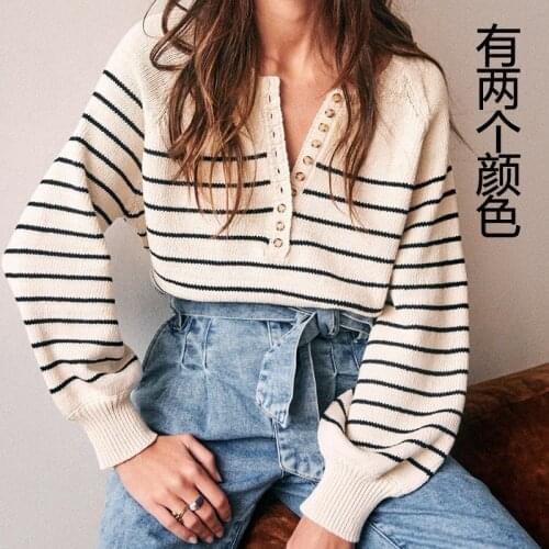 French 21 spring and winter black and white stripe T-shirt button round neck bubble sleeve top womens loose long sleeve sweater