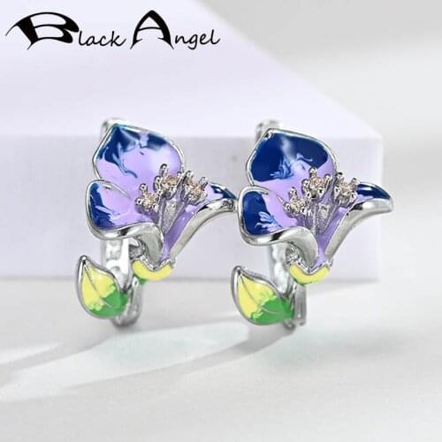BLACK ANGEL Purple Pink Enamel Morning Glory Clip Earrings For Women 925 Silver CZ Flowers Earrings Fashion Jewelry Wholesale