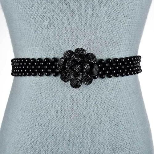 Womens belt Elastic Black Pearl Flower waist chain fashion leisure with skirt decoration sweet and elegant women