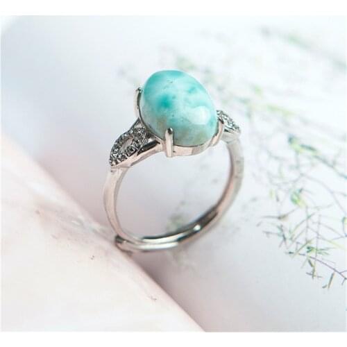 Genuine Natural Larimar Crystal Round Stone Fashion Women Adjustable Size Stering Sliver Ring 12*9mm