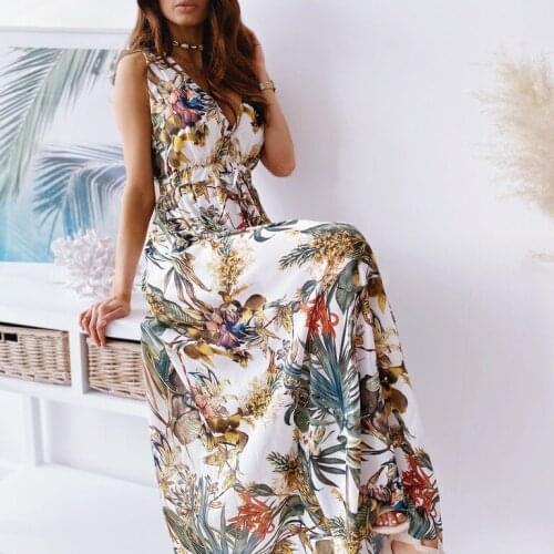 Ladies lace backless party beach dress sexy V-neck bohemian long skirt summer elegant print sleeveless ladies long skirt