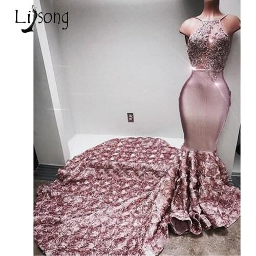 Dusty Pink 3D Rose Flowers Mermaid Sheath Charming Women Prom Dress Appliques Bust Design Custom Made Maxi Gowns Black Girl Gown