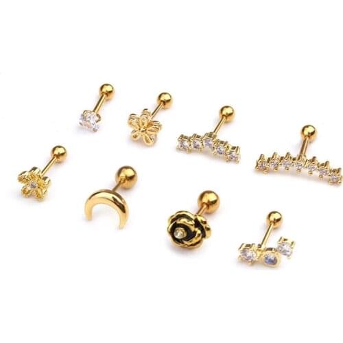 1PC Gold Silver Color Stainless Steel Ear Cartilage Helix Screw Back Earring Stud Cz Tragus Rook Conch Piercing Jewelry