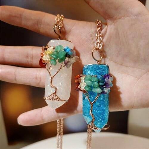 1pcs Plastic Resin Pendant Necklace Handmade 7 Chakra Tree of Life Crushed stone Necklace Jewelry Drop Shipping