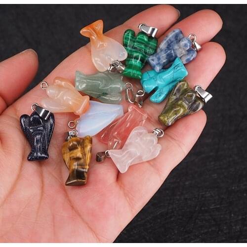 12PCS Hot Sale Factory Bulk Mini Angel Necklace Pendants Natural Gem Stone Healing Meditation Pendulum Women Men Jewelry Amulet