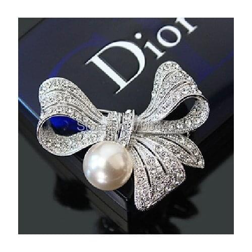 2 Inch Silver Plated Clear CZ Rhinestone Diamante Crystal Bow Brooch Pins with Ivory Pearl